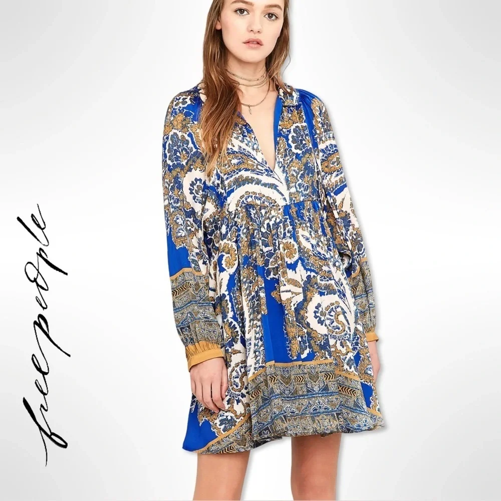 Free People Say You Love Me Blue Mini Dress Size XS Blue Tan Boho Paisley Mini